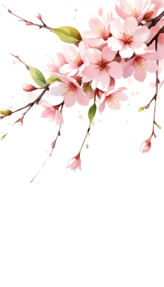 Digital Painting Cherry Blossom Branch With White Flowers And Petals Falling Light Green Leaves Watercolor Style White Background Bold And Slim Lines Brush Strokes 26 8f74