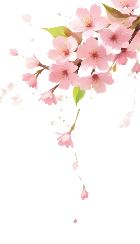 Digital Painting Cherry Blossom Branch With White Flowers And Petals Falling Light Green Leaves Watercolor Style White Background Bold And Slim Lines Brush Strokes 31 9d0b