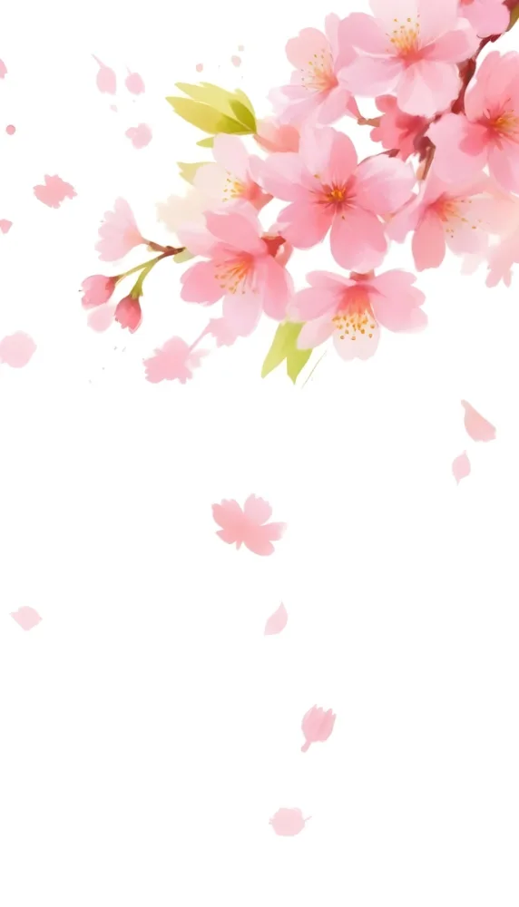 Digital Painting Cherry Blossom Branch With White Flowers And Petals Falling Light Green Leaves Watercolor Style White Background Bold And Slim Lines Brush Strokes 39 33e2