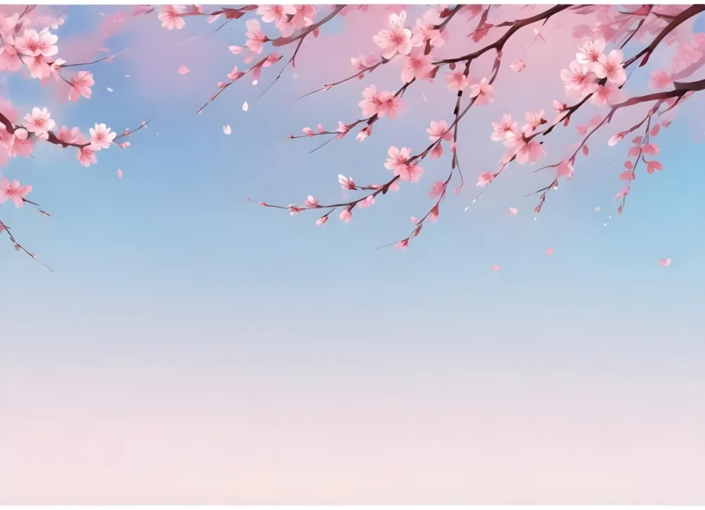 Digital Painting Cherry Blossom Branches With Pink Flowers And Falling Petals Against A Gradient Blue Sky Background Creating A Soft And Spring Like Atmosphere Bold And Slim Lines Brush Strokes 13 650a