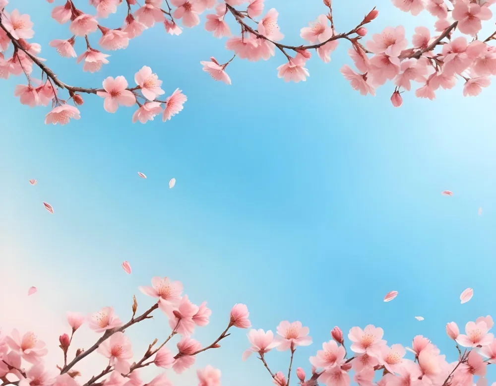 Digital Painting Cherry Blossom Branches With Pink Flowers And Falling Petals Pink Sky Background Soft Pastel Colors Minimalist Design Springtime Theme Delicate Floral Arrangement Elegant Composition Serene Atmos 11 0ad3
