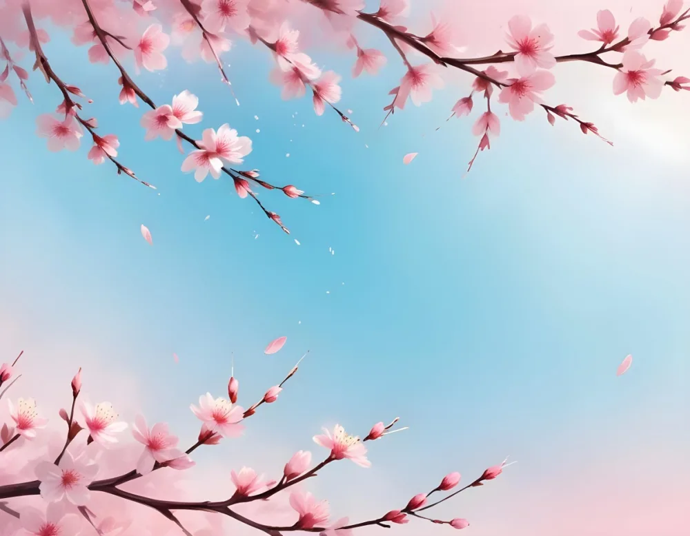 Digital Painting Cherry Blossom Branches With Pink Flowers And Falling Petals Pink Sky Background Soft Pastel Colors Minimalist Design Springtime Theme Delicate Floral Arrangement Elegant Composition Serene Atmos 14 6e37