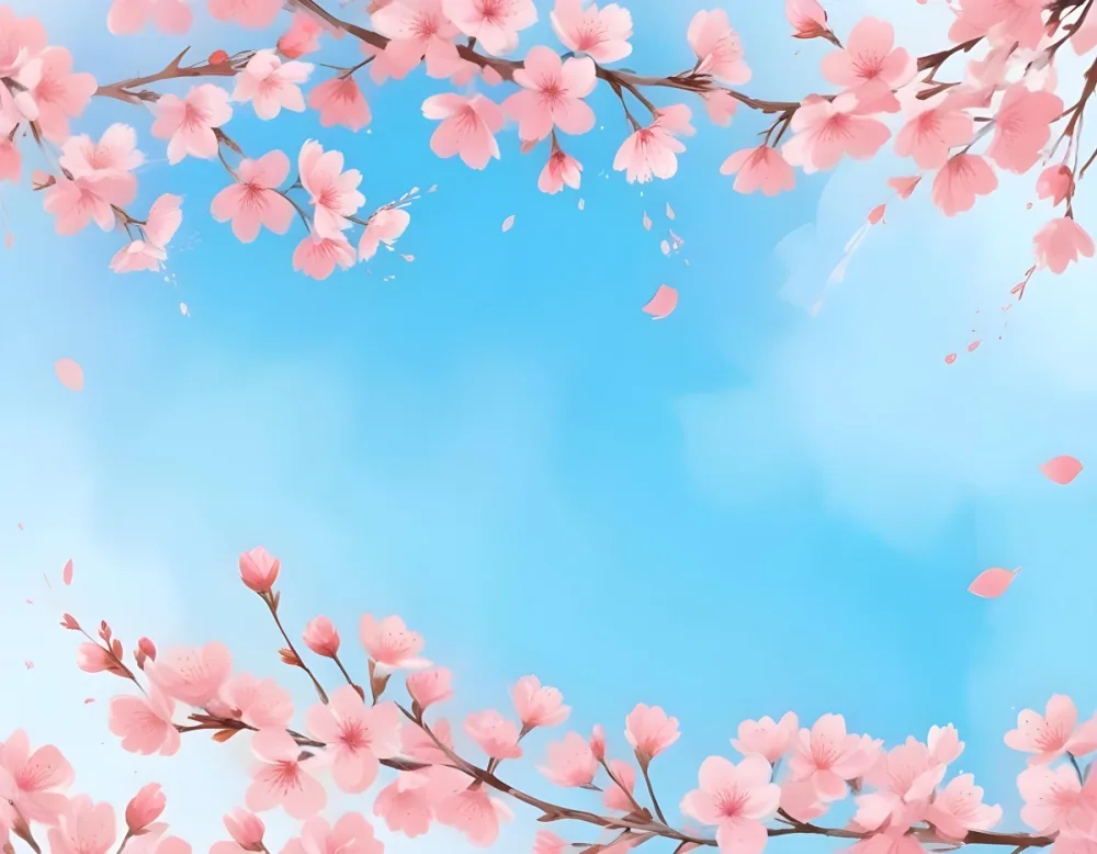 Digital Painting Cherry Blossom Branches With Pink Flowers And Falling Petals Pink Sky Background Soft Pastel Colors Minimalist Design Springtime Theme Delicate Floral Arrangement Elegant Composition Serene Atmos 18 B819