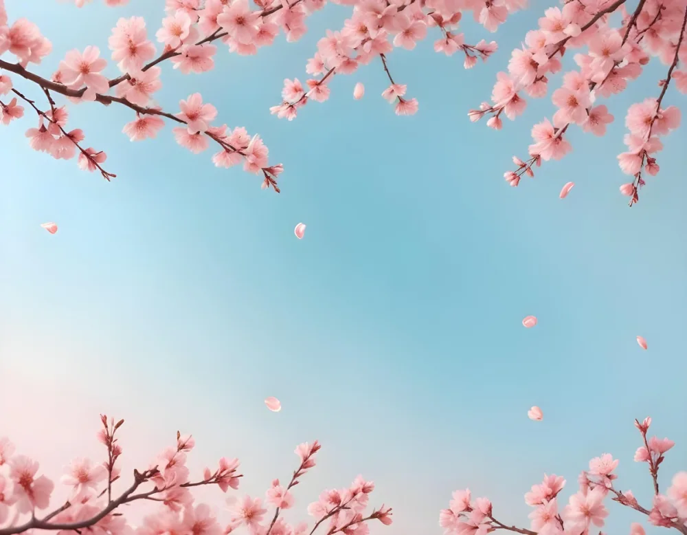 Digital Painting Cherry Blossom Branches With Pink Flowers And Falling Petals Pink Sky Background Soft Pastel Colors Minimalist Design Springtime Theme Delicate Floral Arrangement Elegant Composition Serene Atmos 19 6555
