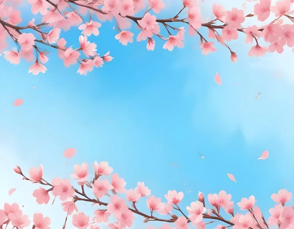Digital Painting Cherry Blossom Branches With Pink Flowers And Falling Petals Pink Sky Background Soft Pastel Colors Minimalist Design Springtime Theme Delicate Floral Arrangement Elegant Composition Serene Atmos 20 313b