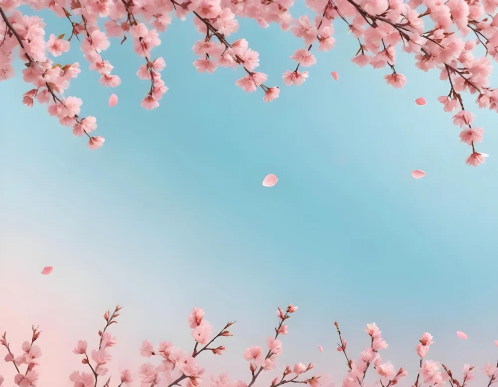 Digital Painting Cherry Blossom Branches With Pink Flowers And Falling Petals Pink Sky Background Soft Pastel Colors Minimalist Design Springtime Theme Delicate Floral Arrangement Elegant Composition Serene Atmos 23 90ad