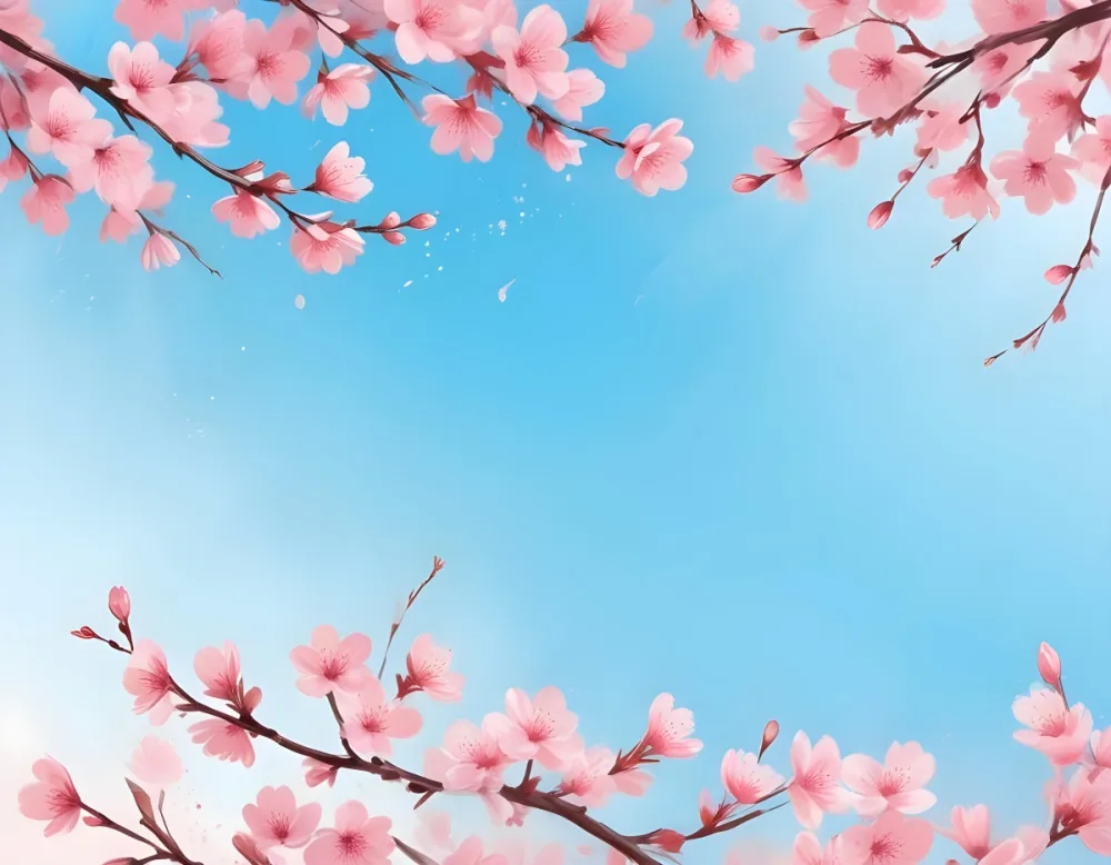 Digital Painting Cherry Blossom Branches With Pink Flowers And Falling Petals Pink Sky Background Soft Pastel Colors Minimalist Design Springtime Theme Delicate Floral Arrangement Elegant Composition Serene Atmos 24 73f0