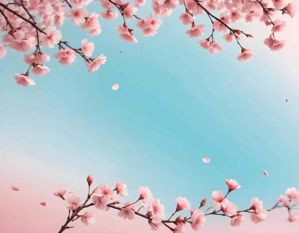 Digital Painting Cherry Blossom Branches With Pink Flowers And Falling Petals Pink Sky Background Soft Pastel Colors Minimalist Design Springtime Theme Delicate Floral Arrangement Elegant Composition Serene Atmos 3 F4ab