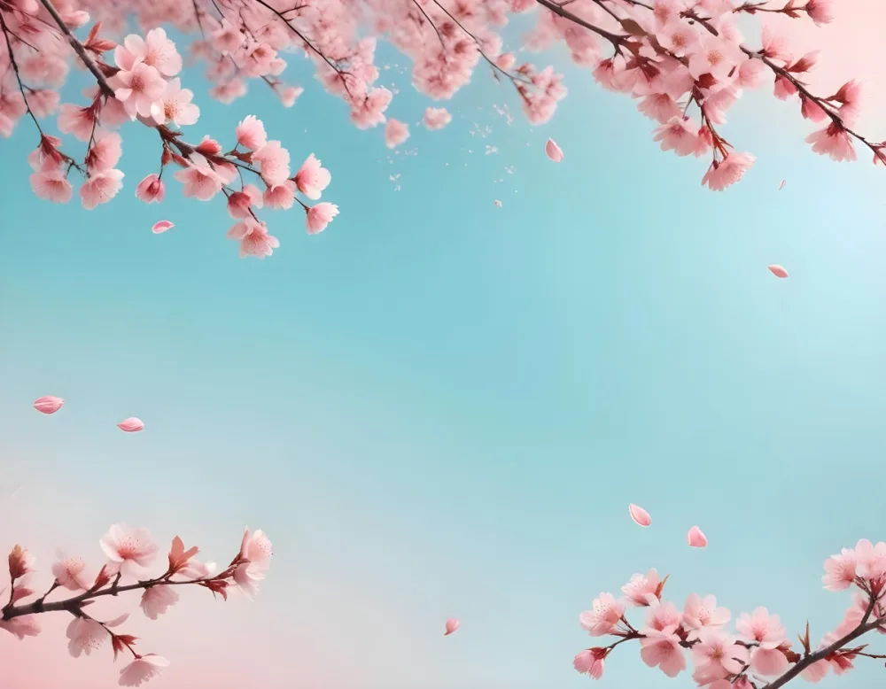 Digital Painting Cherry Blossom Branches With Pink Flowers And Falling Petals Pink Sky Background Soft Pastel Colors Minimalist Design Springtime Theme Delicate Floral Arrangement Elegant Composition Serene Atmos 45 960e