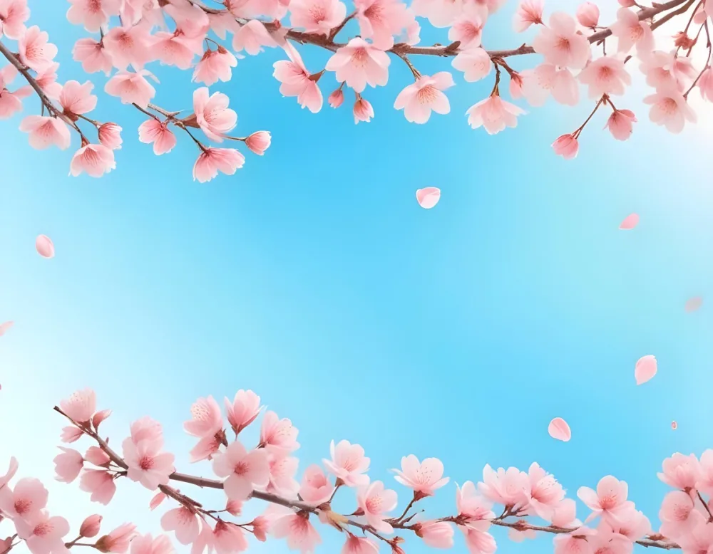 Digital Painting Cherry Blossom Branches With Pink Flowers And Falling Petals Pink Sky Background Soft Pastel Colors Minimalist Design Springtime Theme Delicate Floral Arrangement Elegant Composition Serene Atmos 49 A509