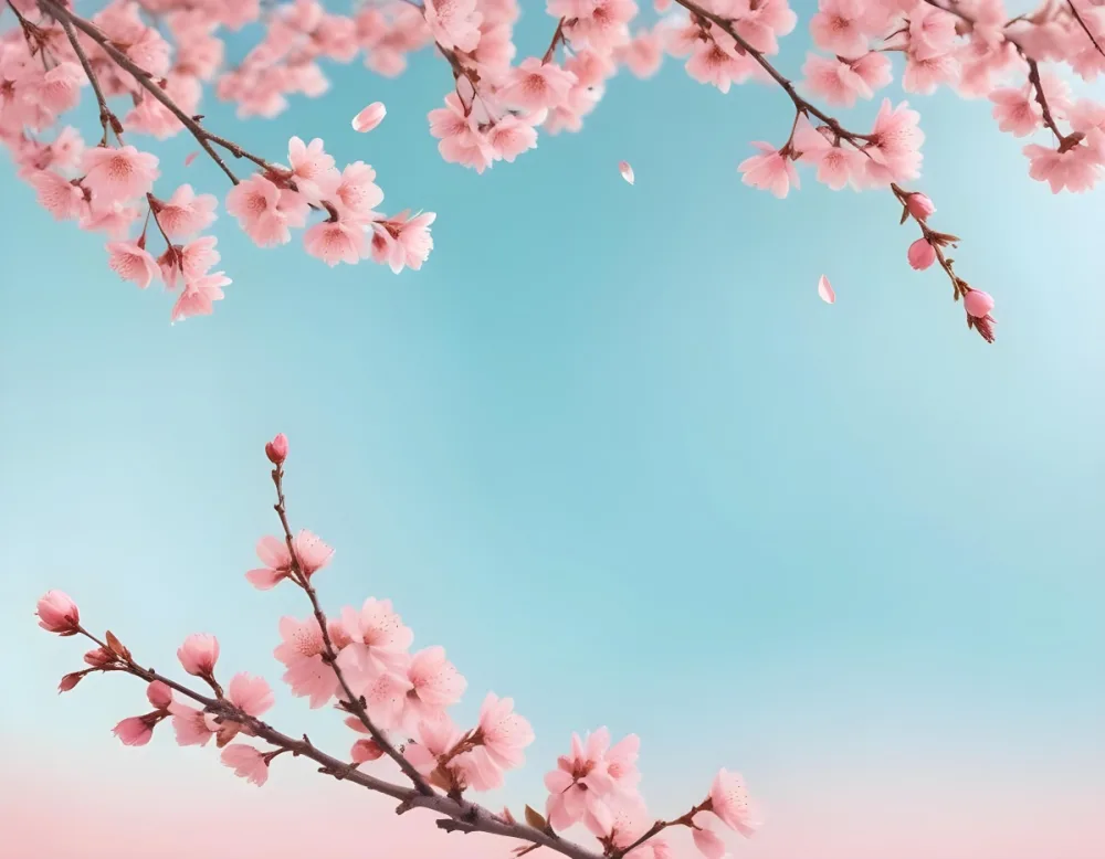 Digital Painting Cherry Blossom Branches With Pink Flowers And Falling Petals Pink Sky Background Soft Pastel Colors Minimalist Design Springtime Theme Delicate Floral Arrangement Elegant Composition Serene Atmos 58 5c3c