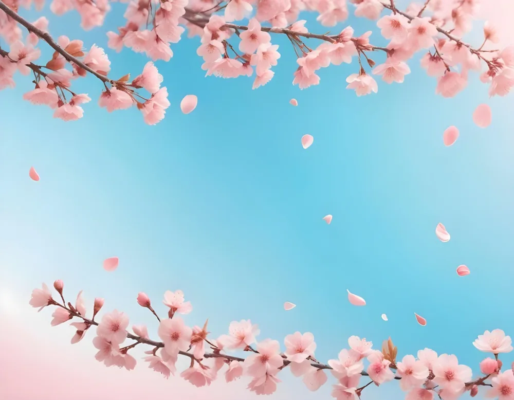 Digital Painting Cherry Blossom Branches With Pink Flowers And Falling Petals Pink Sky Background Soft Pastel Colors Minimalist Design Springtime Theme Delicate Floral Arrangement Elegant Composition Serene Atmos 62 D4d9