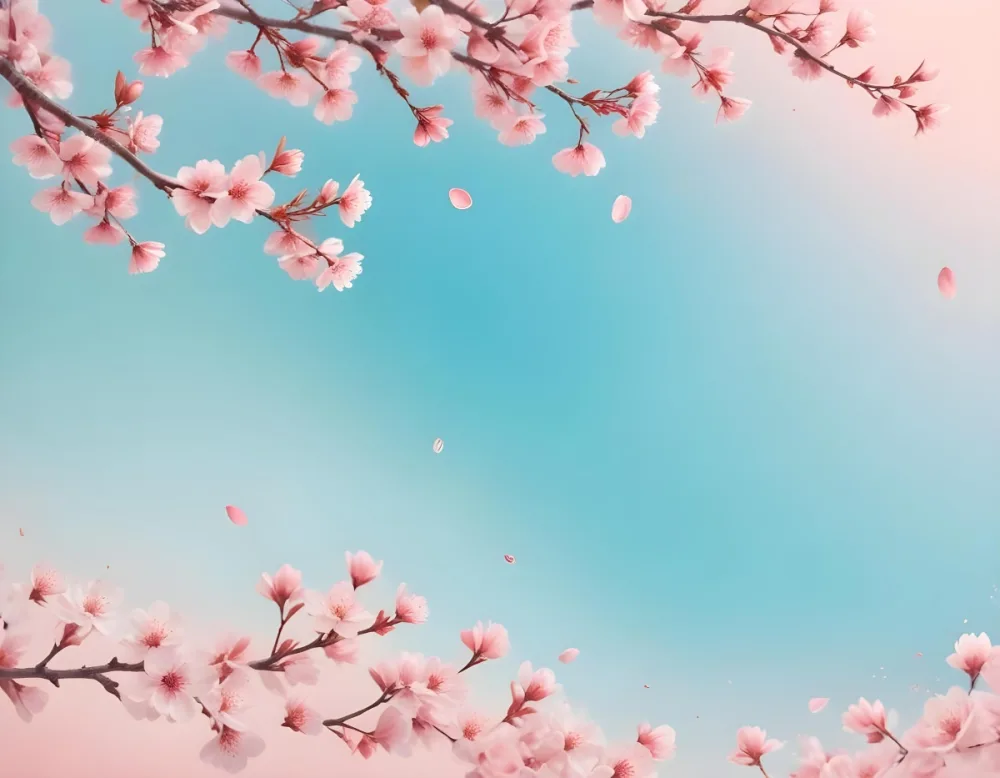 Digital Painting Cherry Blossom Branches With Pink Flowers And Falling Petals Pink Sky Background Soft Pastel Colors Minimalist Design Springtime Theme Delicate Floral Arrangement Elegant Composition Serene Atmosphe 1 3b5f