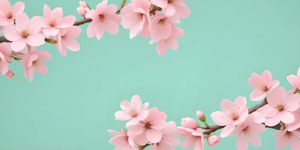 Digital Painting Cherry Blossom Branches With Pink Flowers And Green Buds Green Background Minimalist Style Pastel Colors Spring Theme Floral Design Botanical Illustration Simple Composition Bold And Slim Lines 12 84a8