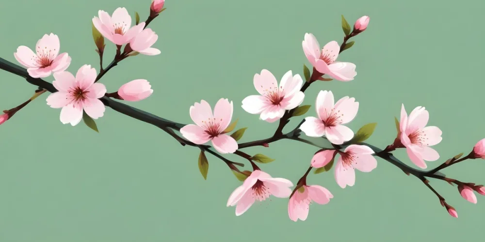 Digital Painting Cherry Blossom Branches With Pink Flowers And Green Buds Green Background Minimalist Style Pastel Colors Spring Theme Floral Design Botanical Illustration Simple Composition Bold And Slim Lines 47 990d