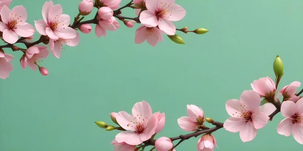 Digital Painting Cherry Blossom Branches With Pink Flowers And Green Buds Green Background Minimalist Style Pastel Colors Spring Theme Floral Design Botanical Illustration Simple Composition Bold And Slim Lines 6 4abe