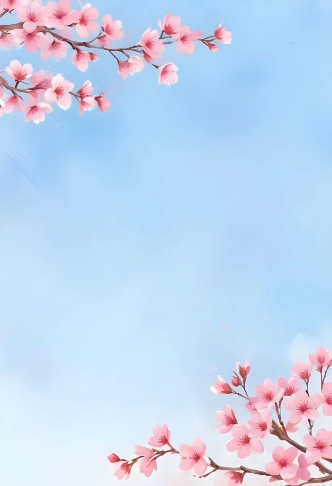 Digital Painting Cherry Blossom Branches With Pink Flowers In The Corners Pink Sky Background With Watercolor Texture Some Petals Falling Down Bold And Slim Lines Brush Strokes 22 5801