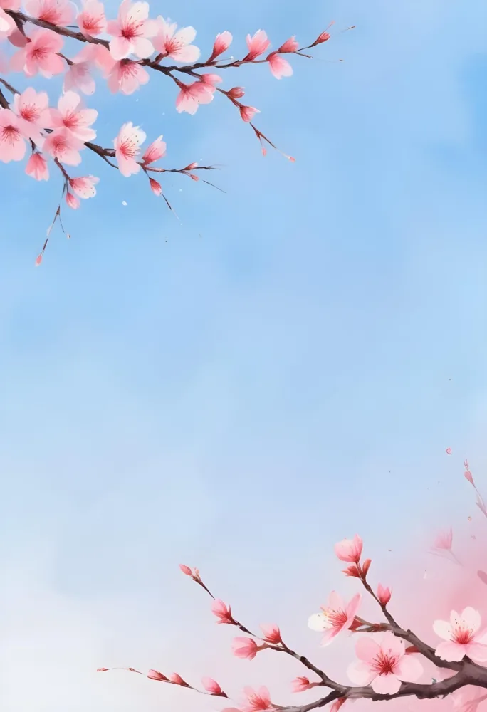 Digital Painting Cherry Blossom Branches With Pink Flowers In The Corners Pink Sky Background With Watercolor Texture Some Petals Falling Down Bold And Slim Lines Brush Strokes 30 68d0