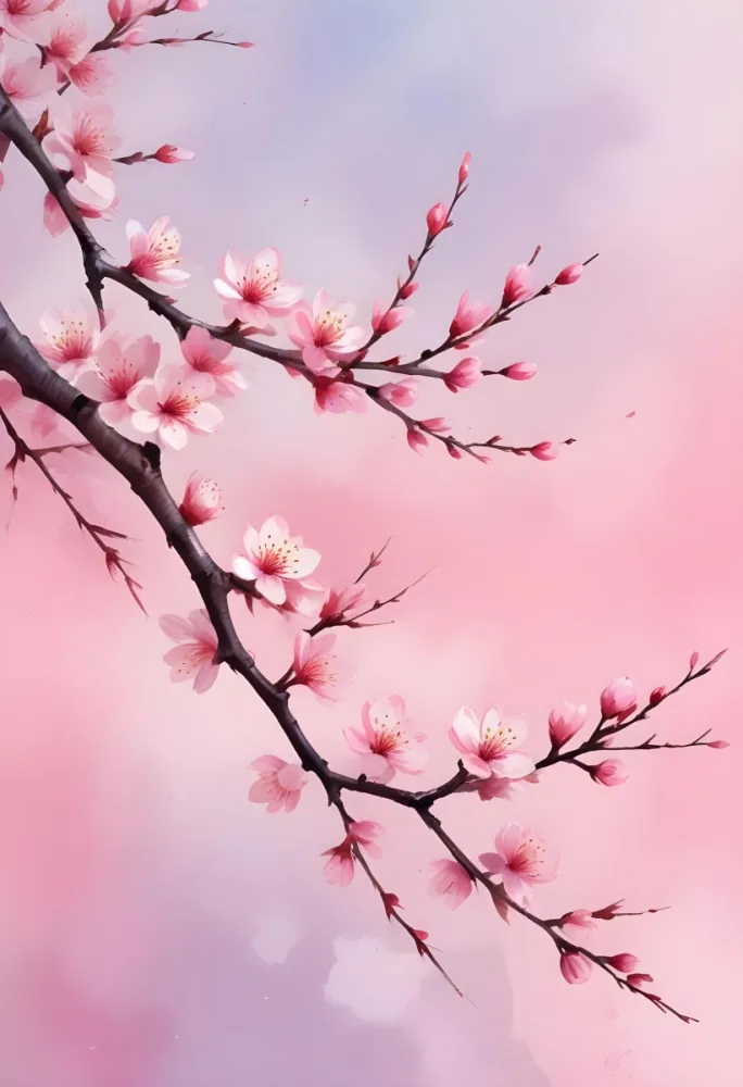 Digital Painting Cherry Blossom Branches With Pink Flowers In The Corners Pink Sky Background With Watercolor Texture Some Petals Falling Down Bold And Slim Lines Brush Strokes 65 Abed