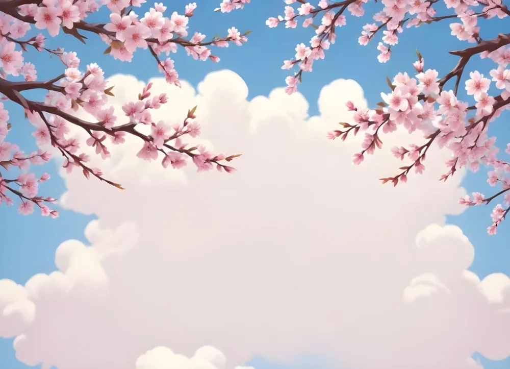 Digital Painting Cherry Blossom Branches With White Flowers Against A Blue Sky White Clouds Light Pink Background Cartoon Style Bright Colors Symmetrical Composition Clean Lines Vector Graphics Bold And Slim Lin 3 A9a9