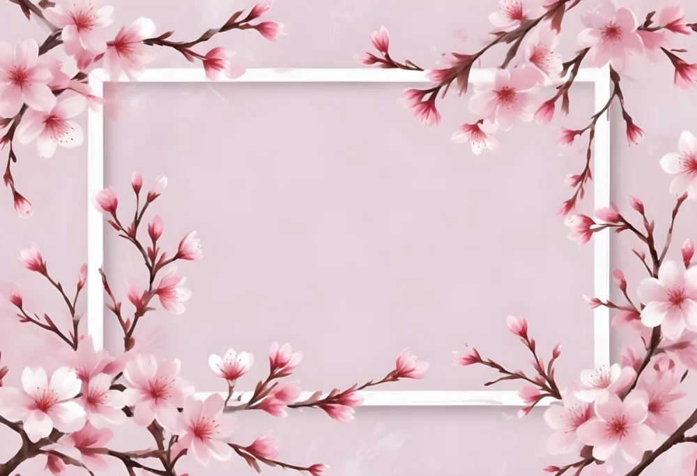 Digital Painting Cherry Blossom Branches With White Flowers And Buds Framing A Pink Square On A White Background Creating A Delicate And Floral Border Bold And Slim Lines Brush Strokes 15 F270