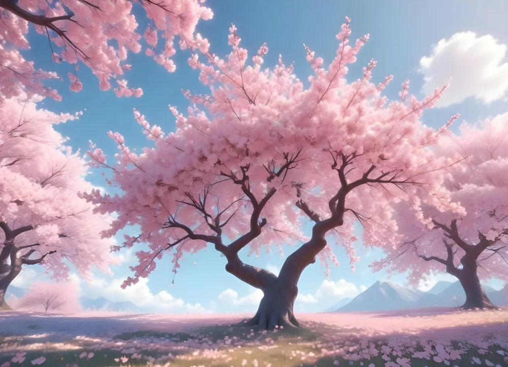 Digital Painting Cherry Blossom Tree With Pink Flowers Blue Sky With Clouds Bright Light Falling Petals Pastel Colors Soft Focus Dreamy Atmosphere Romantic Spring Season Bold And Slim Lines Brush Strokes 10 9a24