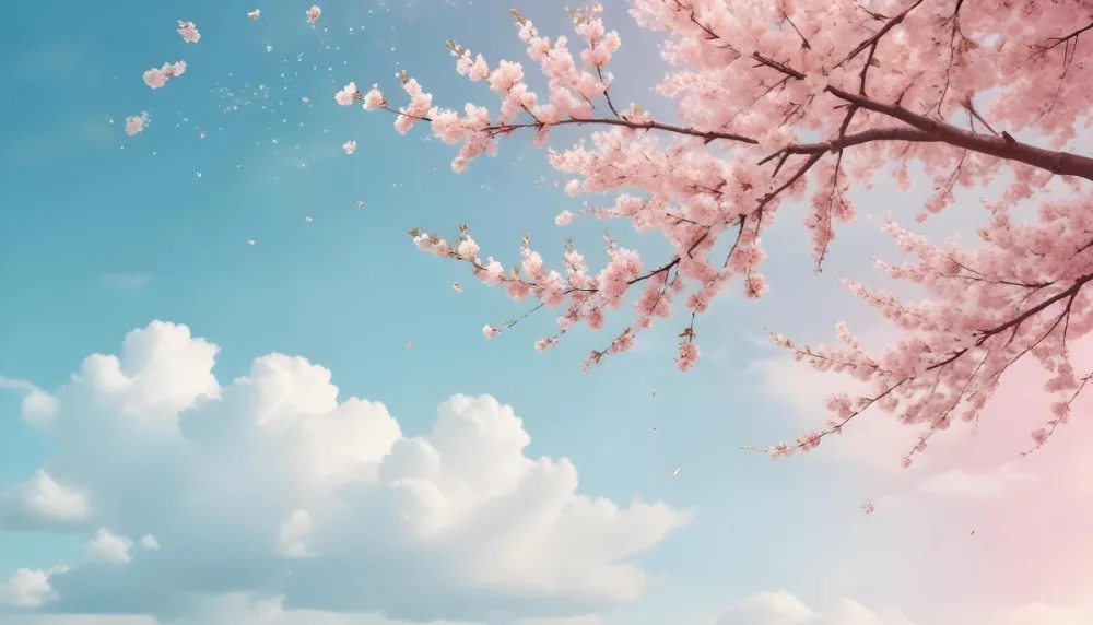Digital Painting Cherry Blossom Tree With White Flowers And Petals Falling Set Against A Pink Sky With Soft White Clouds Creating A Dreamy And Spring Like Atmosphere Bold And Slim Lines Brush Strokes 20 6880
