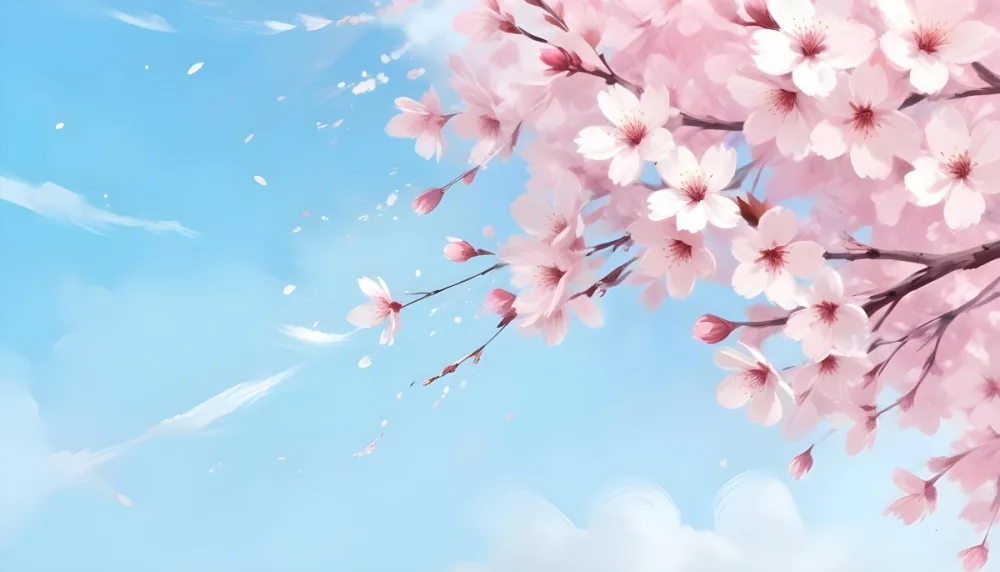 Digital Painting Cherry Blossom Tree With White Flowers And Petals Falling Set Against A Pink Sky With Soft White Clouds Creating A Dreamy And Spring Like Atmosphere Bold And Slim Lines Brush Strokes 3 F40c