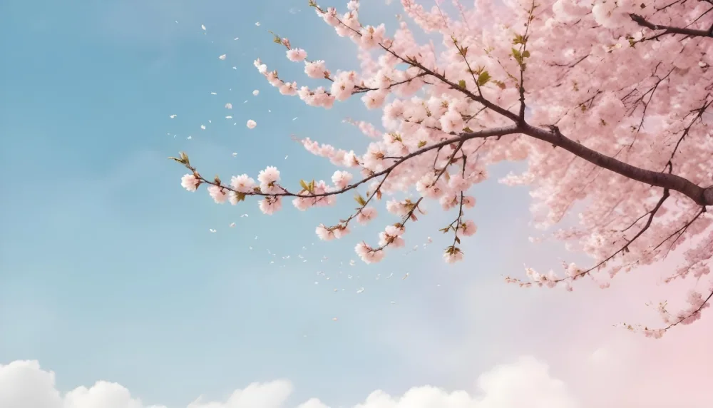 Digital Painting Cherry Blossom Tree With White Flowers And Petals Falling Set Against A Pink Sky With Soft White Clouds Creating A Dreamy And Spring Like Atmosphere Bold And Slim Lines Brush Strokes 33 7e09