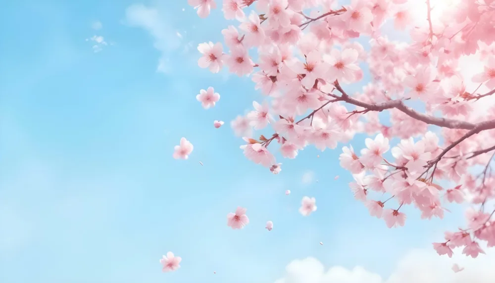 Digital Painting Cherry Blossom Tree With White Flowers And Petals Falling Set Against A Pink Sky With Soft White Clouds Creating A Dreamy And Spring Like Atmosphere Bold And Slim Lines Brush Strokes 35 Ea75