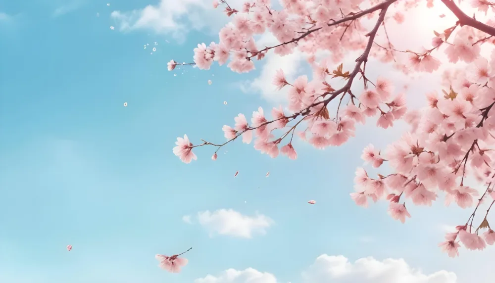 Digital Painting Cherry Blossom Tree With White Flowers And Petals Falling Set Against A Pink Sky With Soft White Clouds Creating A Dreamy And Spring Like Atmosphere Bold And Slim Lines Brush Strokes 36 C50d