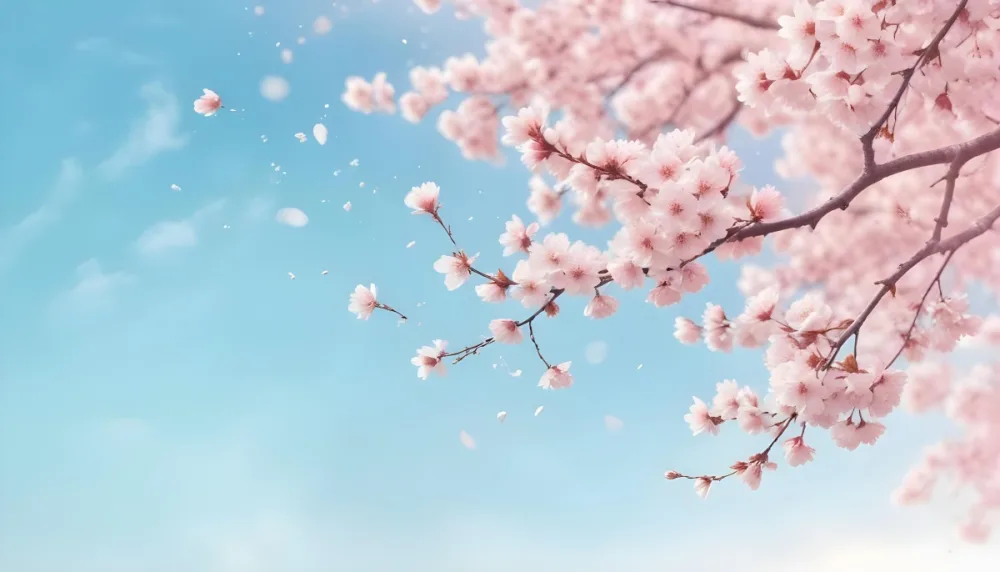 Digital Painting Cherry Blossom Tree With White Flowers And Petals Falling Set Against A Pink Sky With Soft White Clouds Creating A Dreamy And Spring Like Atmosphere Bold And Slim Lines Brush Strokes 38 0c46