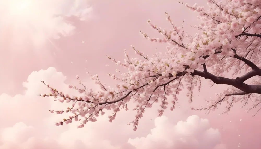 Digital Painting Cherry Blossom Tree With White Flowers And Petals Falling Set Against A Pink Sky With Soft White Clouds Creating A Dreamy And Spring Like Atmosphere Bold And Slim Lines Brush Strokes 4 Aa45