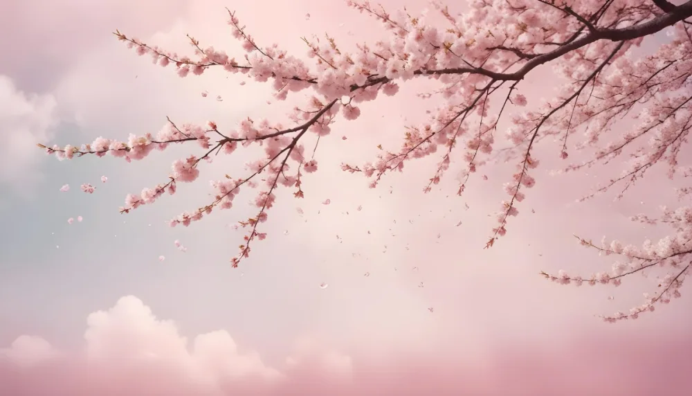 Digital Painting Cherry Blossom Tree With White Flowers And Petals Falling Set Against A Pink Sky With Soft White Clouds Creating A Dreamy And Spring Like Atmosphere Bold And Slim Lines Brush Strokes 40 F9a4