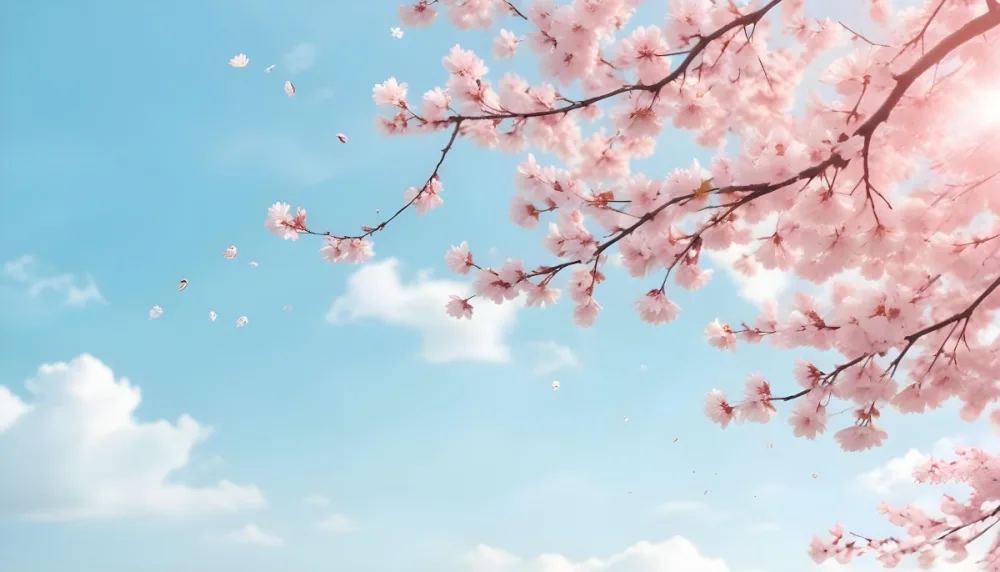Digital Painting Cherry Blossom Tree With White Flowers And Petals Falling Set Against A Pink Sky With Soft White Clouds Creating A Dreamy And Spring Like Atmosphere Bold And Slim Lines Brush Strokes 41 4aa0