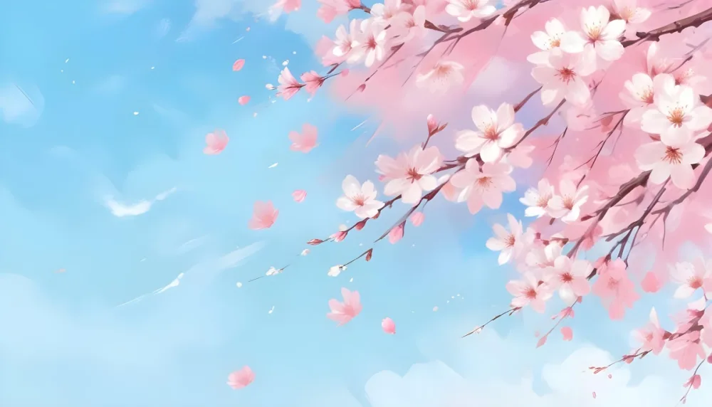 Digital Painting Cherry Blossom Tree With White Flowers And Petals Falling Set Against A Pink Sky With Soft White Clouds Creating A Dreamy And Spring Like Atmosphere Bold And Slim Lines Brush Strokes 5 5244