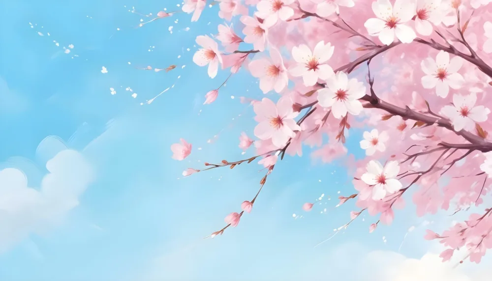 Digital Painting Cherry Blossom Tree With White Flowers And Petals Falling Set Against A Pink Sky With Soft White Clouds Creating A Dreamy And Spring Like Atmosphere Bold And Slim Lines Brush Strokes 7 7992