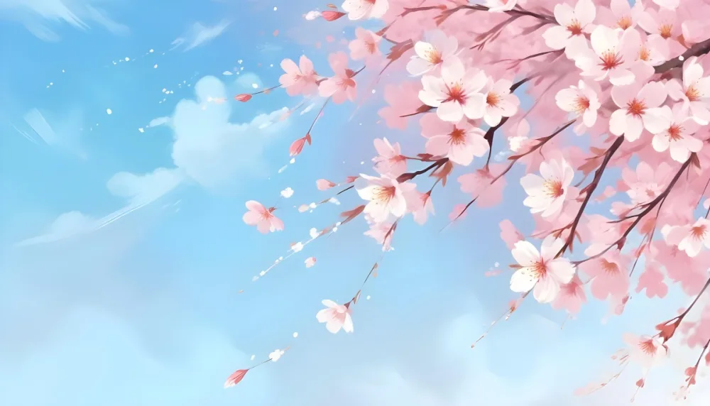 Digital Painting Cherry Blossom Tree With White Flowers And Petals Falling Set Against A Pink Sky With Soft White Clouds Creating A Dreamy And Spring Like Atmosphere Bold And Slim Lines Brush Strokes 8 E885