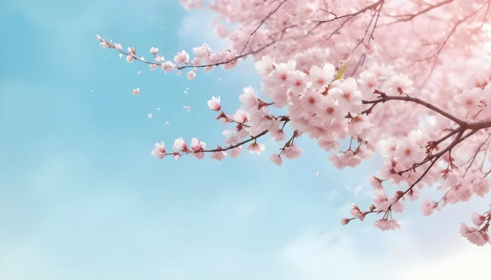 Digital Painting Cherry Blossom Tree With White Flowers And Petals Falling Set Against A Pink Sky With Soft White Clouds Creating A Dreamy And Spring Like Atmosphere Bold And Slim Lines Brush Strokes 9 2564
