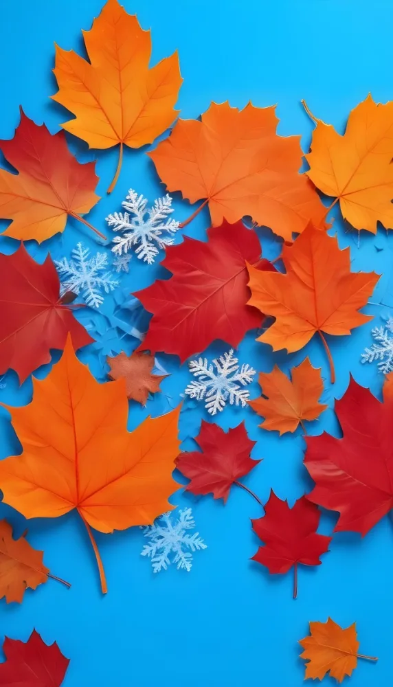 Digital Painting Colorful Autumn Leaves In Shades Of Red And Orange Are Scattered On A Bright Blue Background Interspersed With Blue Plastic Snowflakes Of Various Sizes Bold And Slim Lines Brush Strokes 16 A910