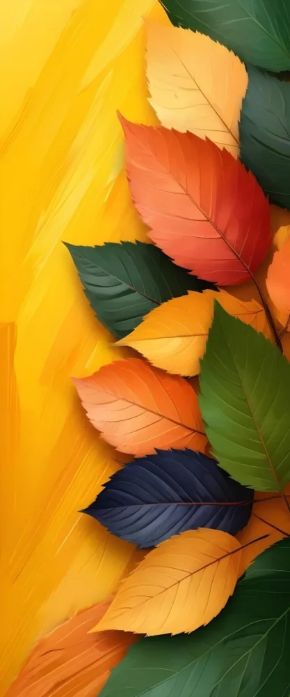 Digital Painting Colorful Autumn Leaves In Various Shades Of Orange Against A Vibrant Yellow Background Bold And Slim Lines Brush Strokes 6 Fb74