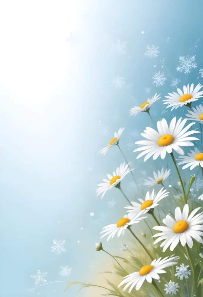 Digital Painting Daisies In The Lower Right Corner Light Blue Background With White Snowflakes White Space On The Left Pastel Colors Soft Lighting Gentle And Calming Atmosphere Bold And Slim Lines Brush Strokes 17 466f