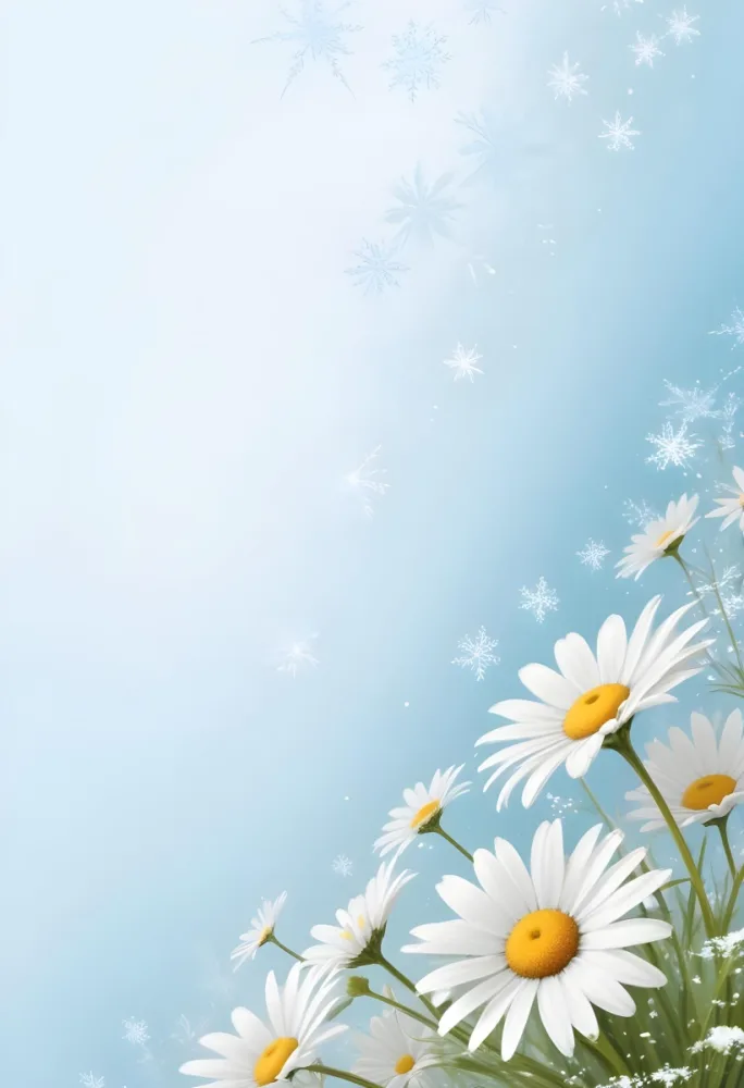 Digital Painting Daisies In The Lower Right Corner Light Blue Background With White Snowflakes White Space On The Left Pastel Colors Soft Lighting Gentle And Calming Atmosphere Bold And Slim Lines Brush Strokes 18 8f64