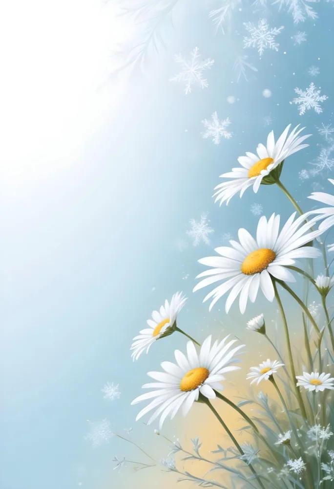 Digital Painting Daisies In The Lower Right Corner Light Blue Background With White Snowflakes White Space On The Left Pastel Colors Soft Lighting Gentle And Calming Atmosphere Bold And Slim Lines Brush Strokes 20 B72e