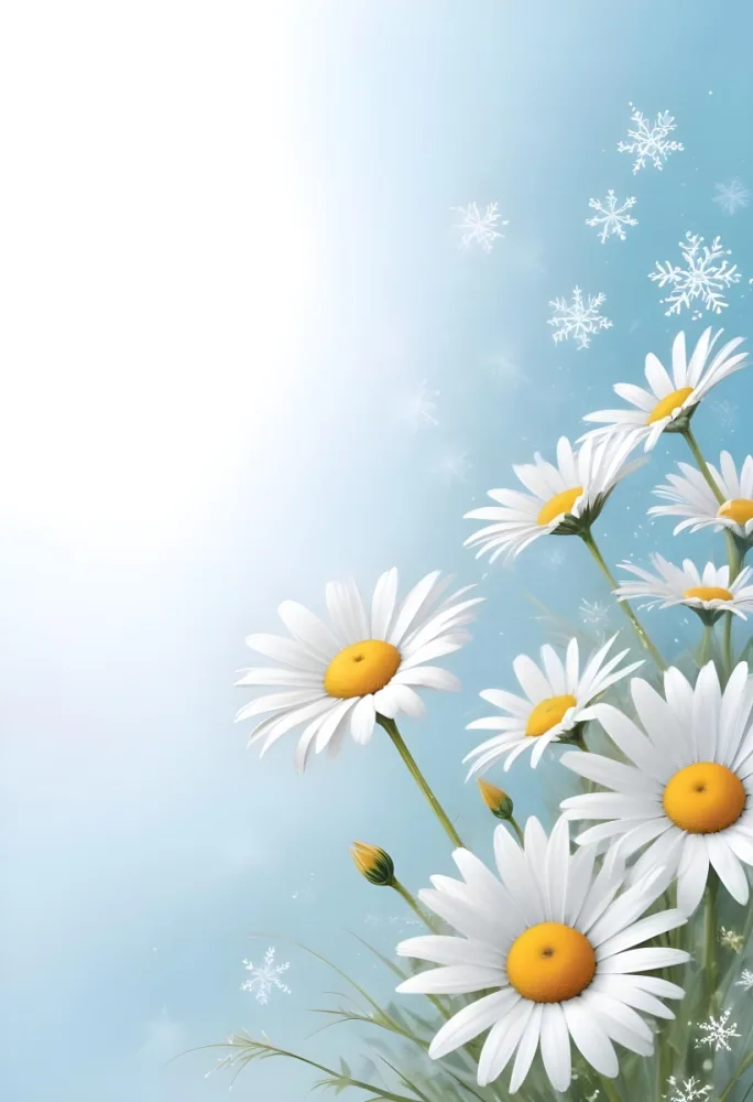 Digital Painting Daisies In The Lower Right Corner Light Blue Background With White Snowflakes White Space On The Left Pastel Colors Soft Lighting Gentle And Calming Atmosphere Bold And Slim Lines Brush Strokes 21 F0c7