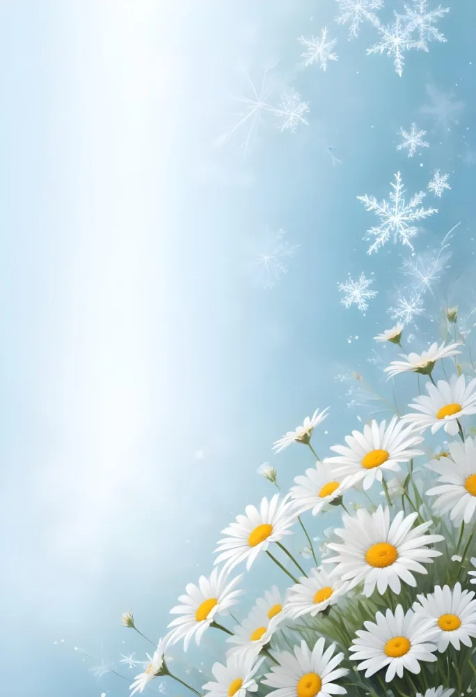 Digital Painting Daisies In The Lower Right Corner Light Blue Background With White Snowflakes White Space On The Left Pastel Colors Soft Lighting Gentle And Calming Atmosphere Bold And Slim Lines Brush Strokes 23 3c90