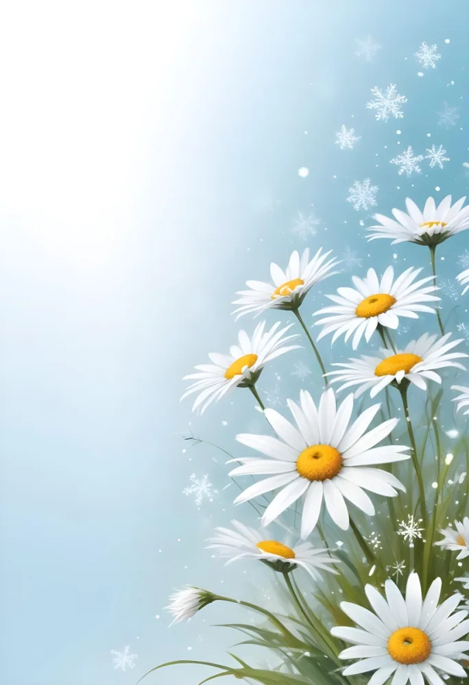 Digital Painting Daisies In The Lower Right Corner Light Blue Background With White Snowflakes White Space On The Left Pastel Colors Soft Lighting Gentle And Calming Atmosphere Bold And Slim Lines Brush Strokes 3 0434