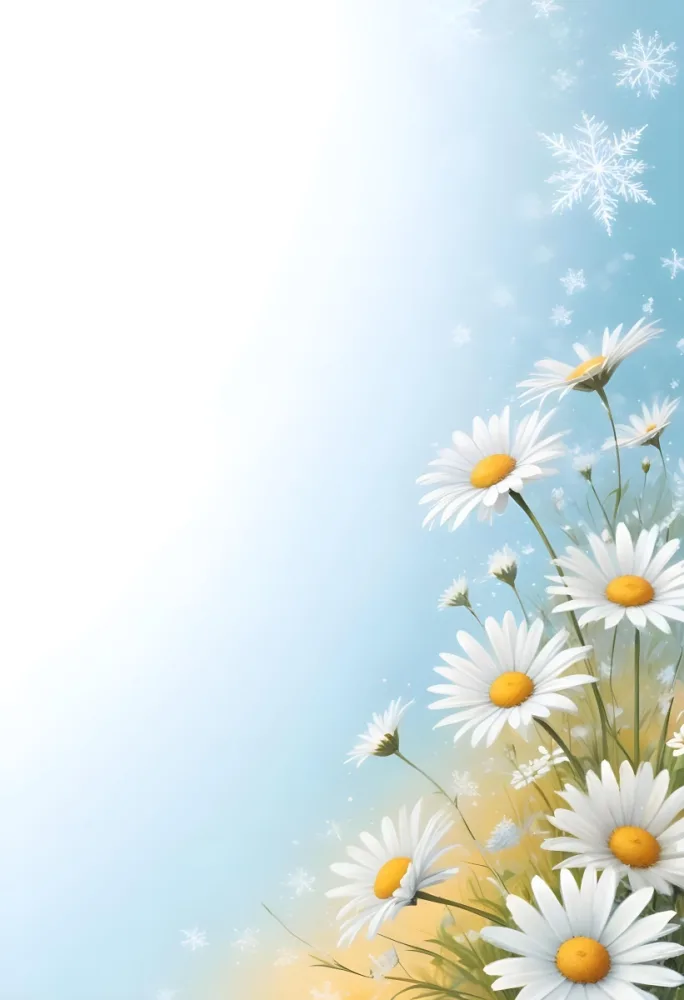 Digital Painting Daisies In The Lower Right Corner Light Blue Background With White Snowflakes White Space On The Left Pastel Colors Soft Lighting Gentle And Calming Atmosphere Bold And Slim Lines Brush Strokes 4 8eb8