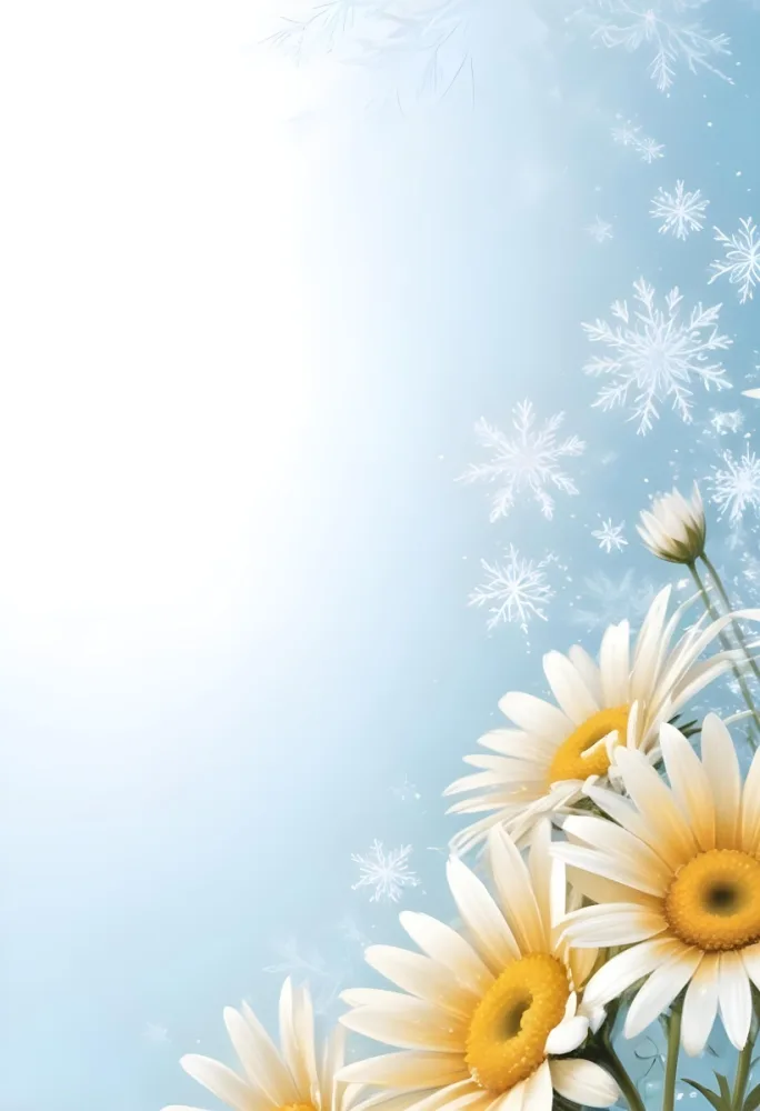 Digital Painting Daisies In The Lower Right Corner Light Blue Background With White Snowflakes White Space On The Left Pastel Colors Soft Lighting Gentle And Calming Atmosphere Bold And Slim Lines Brush Strokes 5 Bf85