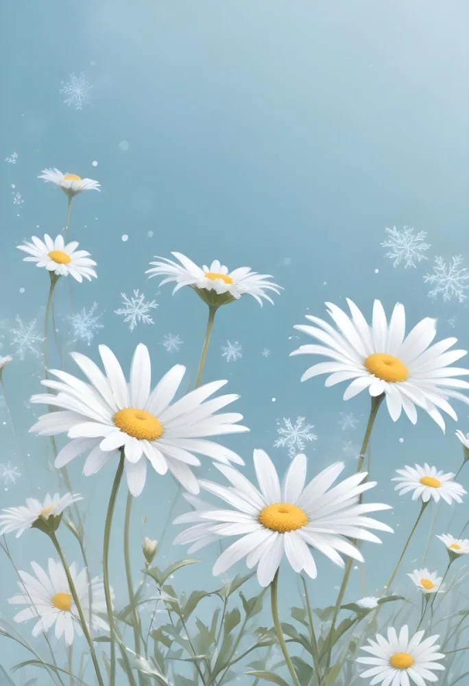 Digital Painting Daisies In The Lower Right Corner Light Blue Background With White Snowflakes White Space On The Left Pastel Colors Soft Lighting Gentle And Calming Atmosphere Bold And Slim Lines Brush Strokes 6 50c1